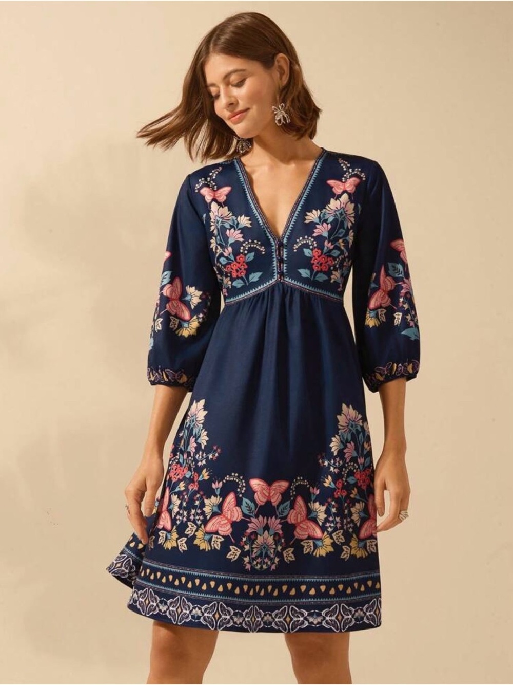 Floral Embroidered Navy Midi Dress